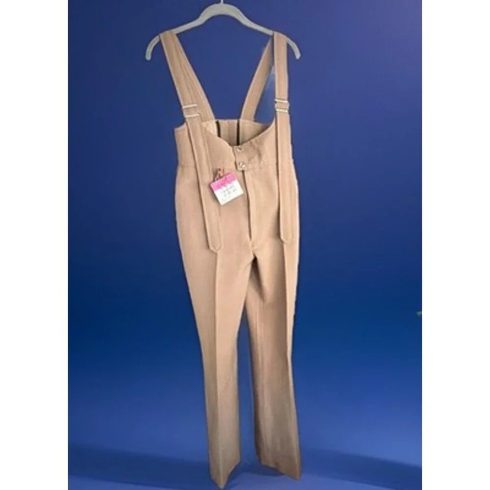 VNTG Roffe USA Womens Ski Bib Pants Wool Nylon Spandex Beige 1980s 12 W28” L30